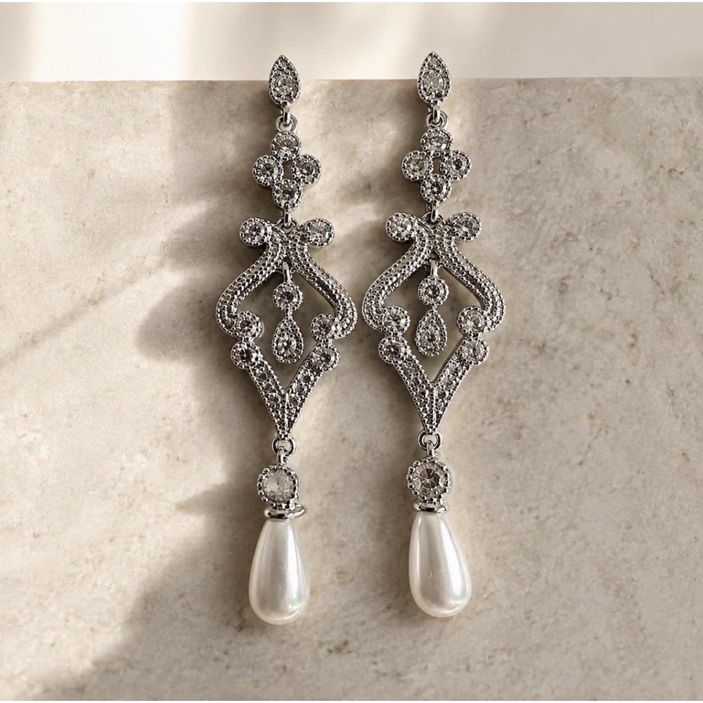 Pearl Bridal Earrings Dangle Vintage Inspired Wedding Silver 2.25"L Pierced